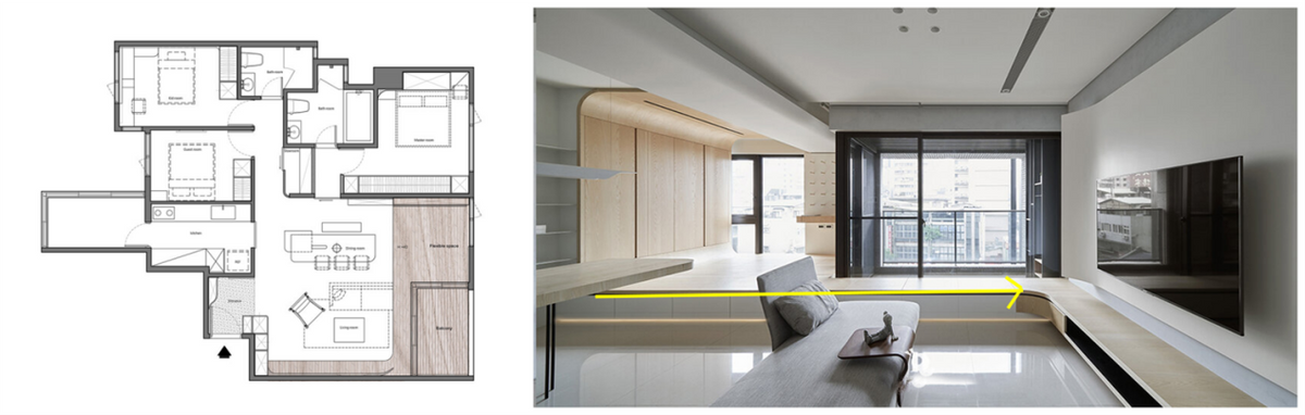 大横厅配7米长阳台，全打通一半装地台休闲，一半封玻璃多功能房