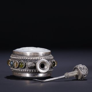 鼻烟壶|旧藏【银制镶百宝和田玉 鼻烟壶】