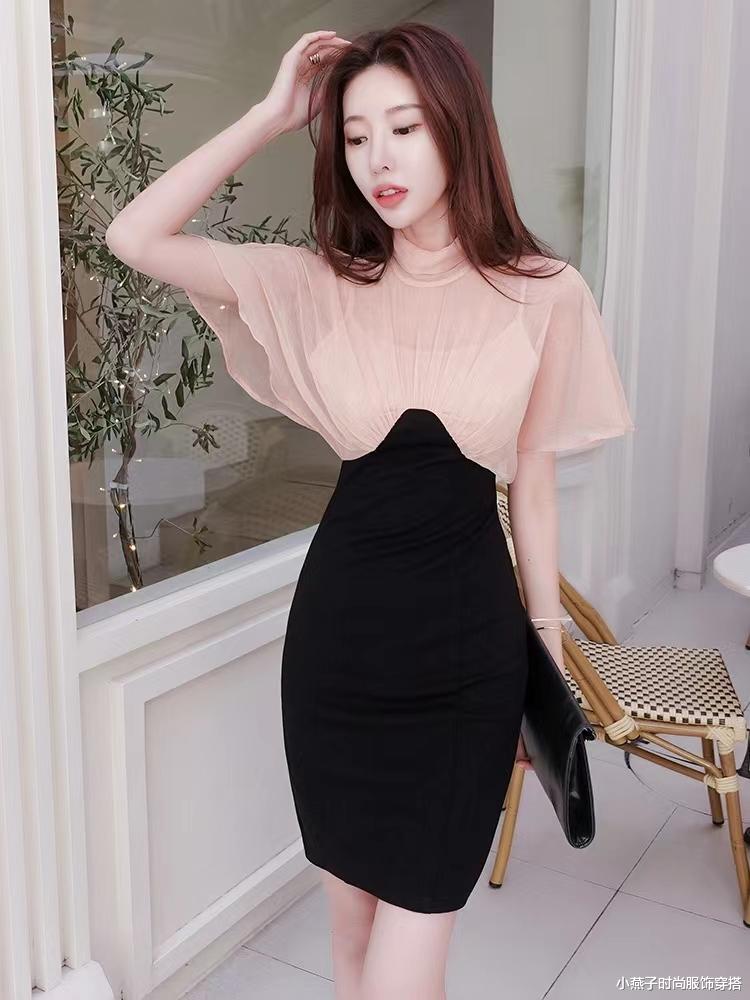 时尚拼接气质法式连衣裙，优雅设计修身蝙蝠袖裙装穿搭