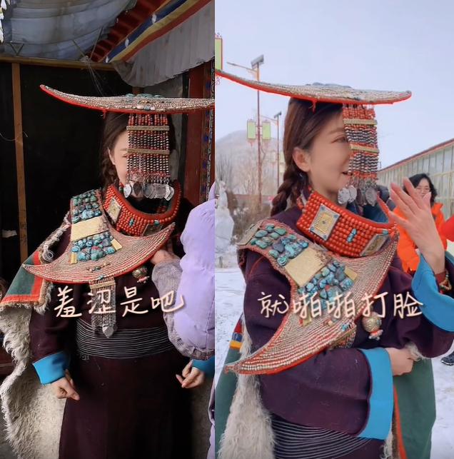 朱迅|朱迅穿传统服饰太兴奋！扎麻花辫显少女感，头饰太重被迫低头走路