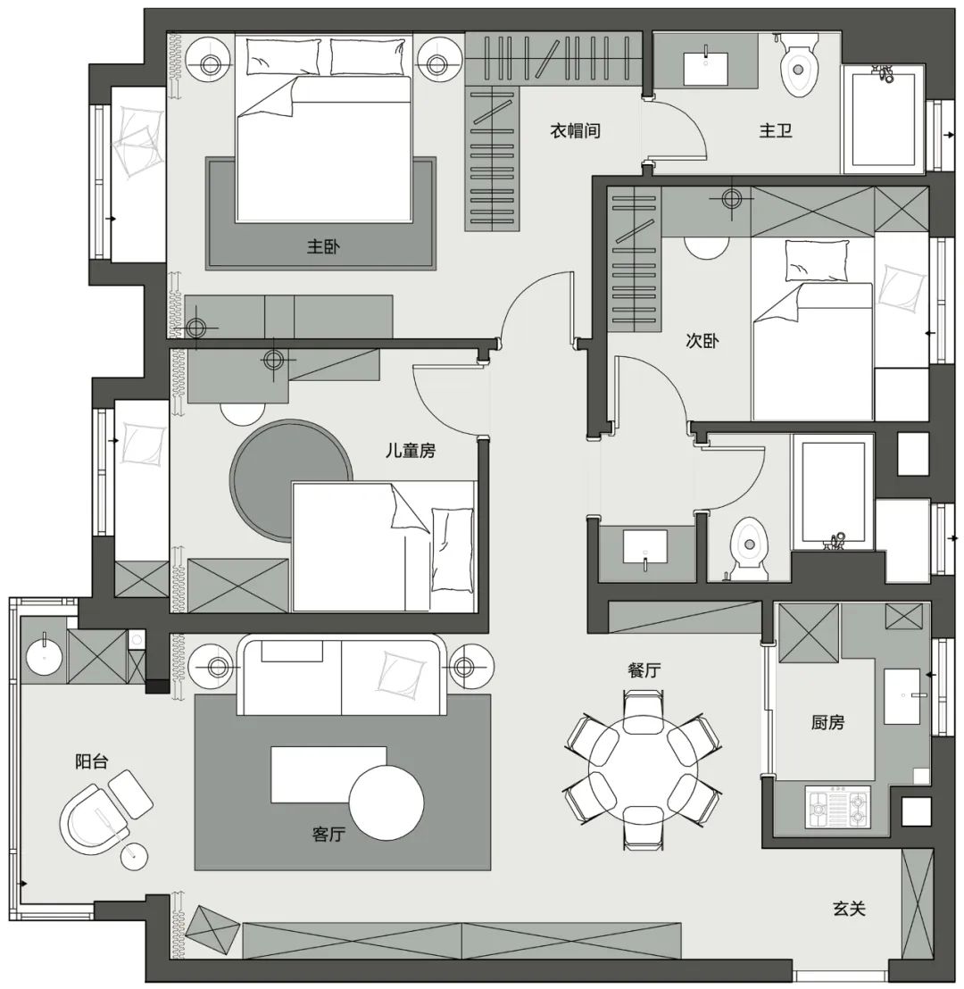 120㎡现代简约风格新房装修，嵌入式电视柜包容性极佳！
