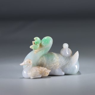 漆器|旧藏：翡翠“鹅如意”摆件（带座）