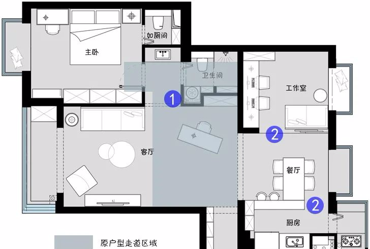 实用85平两室,增加马桶间,用好过道区