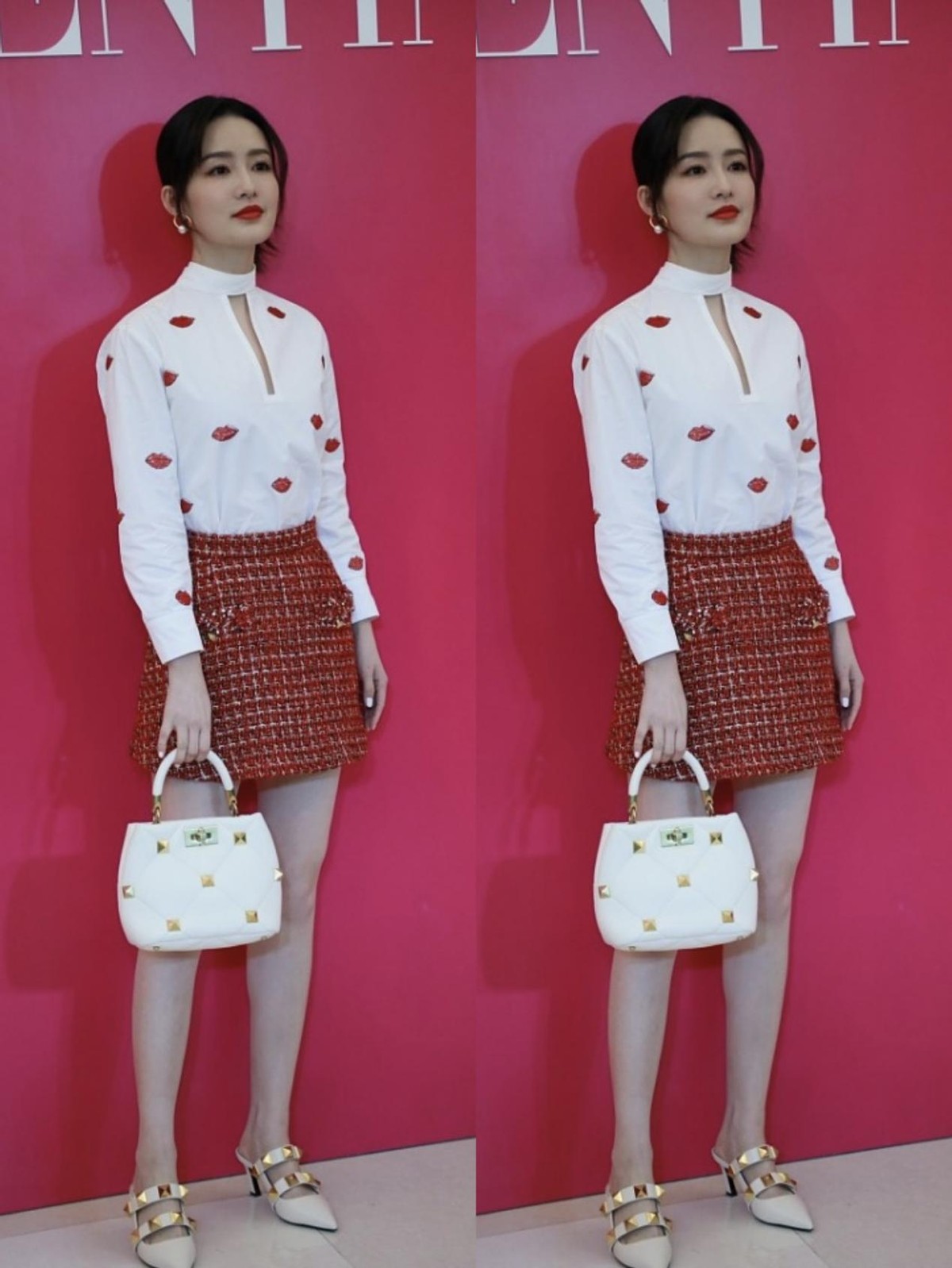 李沁|李沁的生图真能打，穿红色短裙好优雅，衬衫上的红嘴唇看着有个性