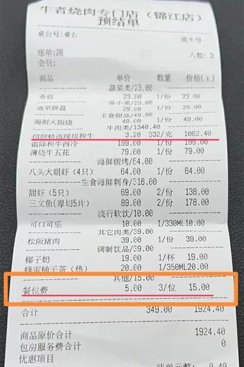 强卖!女子消费1924元“被多收”15元餐位费,饭店:提出可免掉!