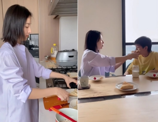 董洁|董洁豪宅做家务视频曝光,亲手喂儿子三明治,盘腿坐地收拾行李