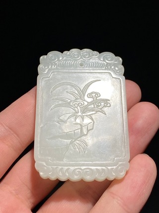 和田玉籽料|清 和田玉籽料 白玉 吉祥如意 灵芝纹 玉牌 挂件