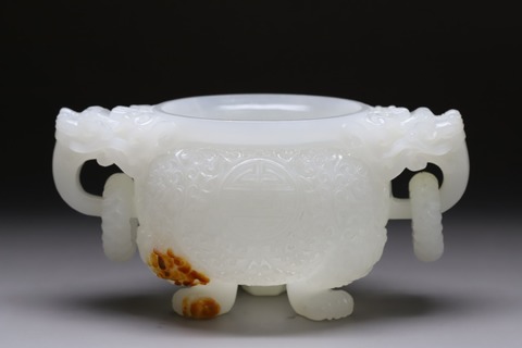 和田玉籽料|舊藏和田玉籽料“螭龙献寿 三足炉”