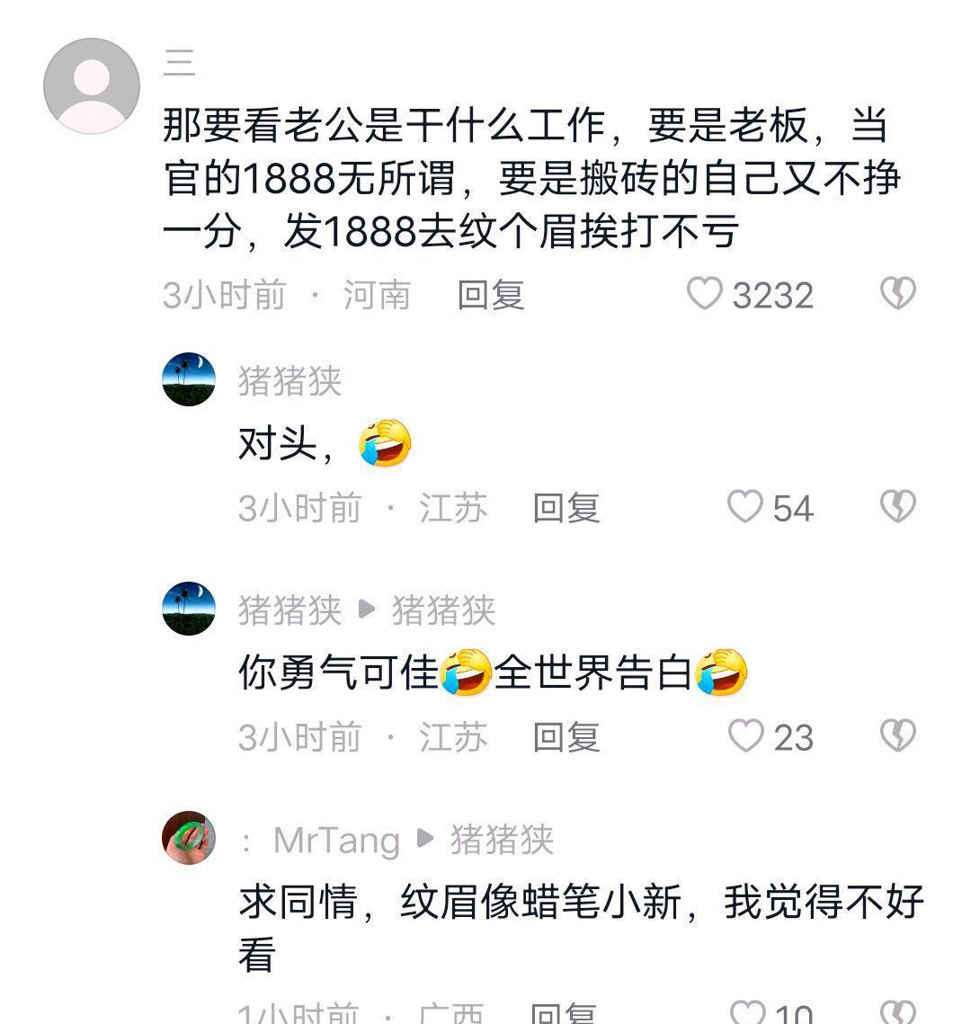 女子花1888纹眉,回家被老公打,老公:我在工地搬砖一天才挣200