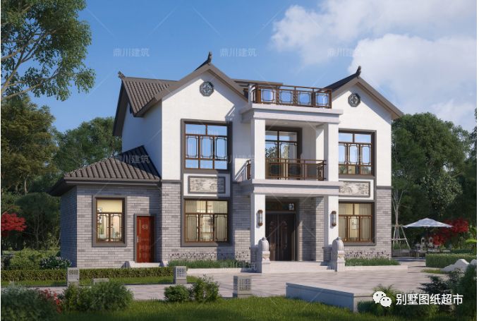 中式二层别墅,15米×12米,带阁楼,有堂屋,白墙灰瓦大露台