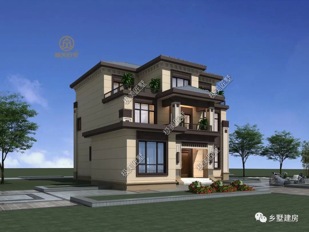 喜欢新中式别墅,不如这样建,有偏房设计,稳重大气接地气