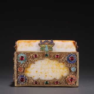 和田玉籽料|旧藏·和田玉籽料雕诗文包纯银鎏金拉丝烧蓝印章摆件