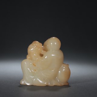 |清代-和田玉“罗汉驯兽”摆件