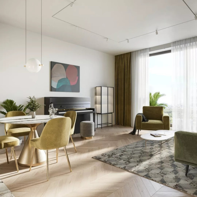 120平做二居室客厅居然敢用姜黄色、草绿色家具,但是还挺好看