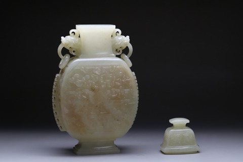 和田玉籽料|舊藏和田玉籽料“双龙兽面出戟赏瓶”