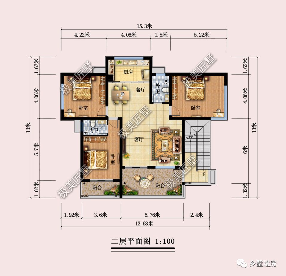 占地尺寸12X10米,三层现代风别墅,简单大气