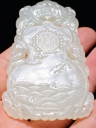 和田玉籽料|清中期 和田玉籽料 白玉 海屋添筹 福禄寿 玉牌 挂件
