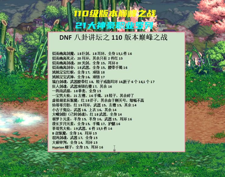 国服|DNF：110级版本国服“巅峰”职业！21大神豪亮相，只有4个是固伤