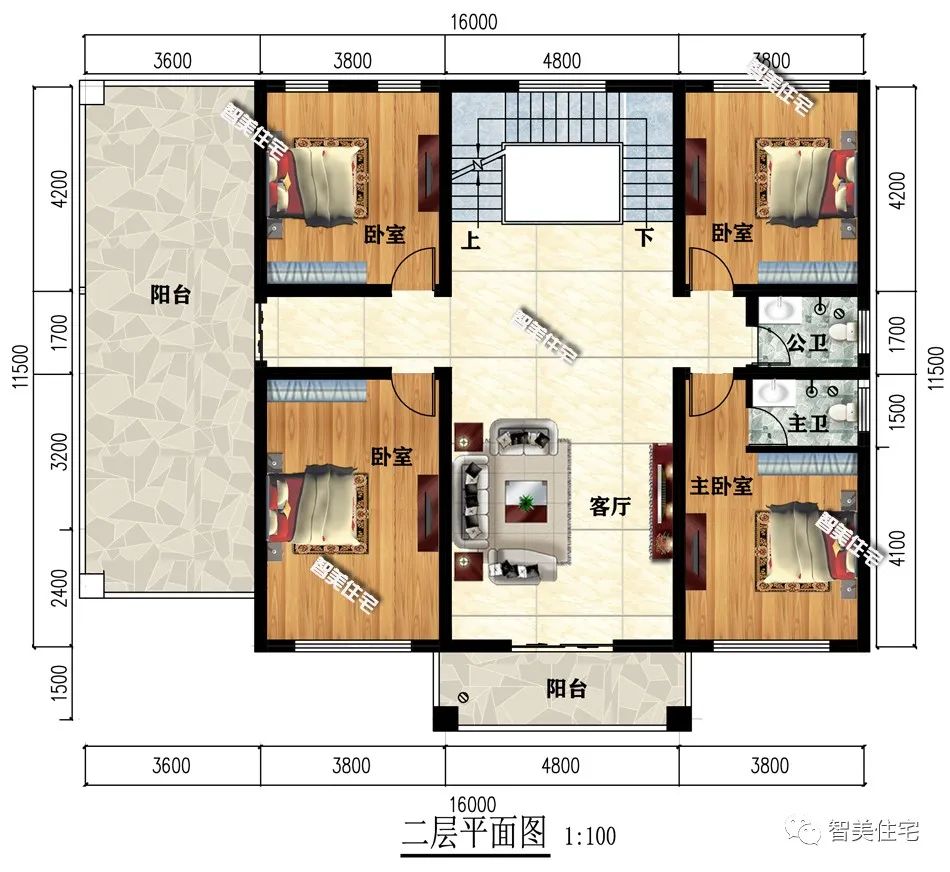 面宽在16-17米之间，室内带堂屋，这两栋别墅的露台都不小