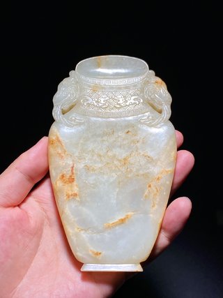 和田玉籽料|清中期 和田玉籽料 白玉沁色 太平有象 宝瓶式砚 玉砚