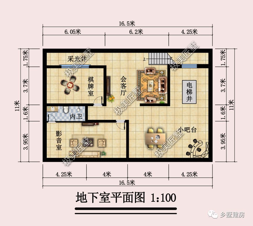 16.5X17.75米, 厨房另设偏房的设计,不影响整体布局干净又卫生