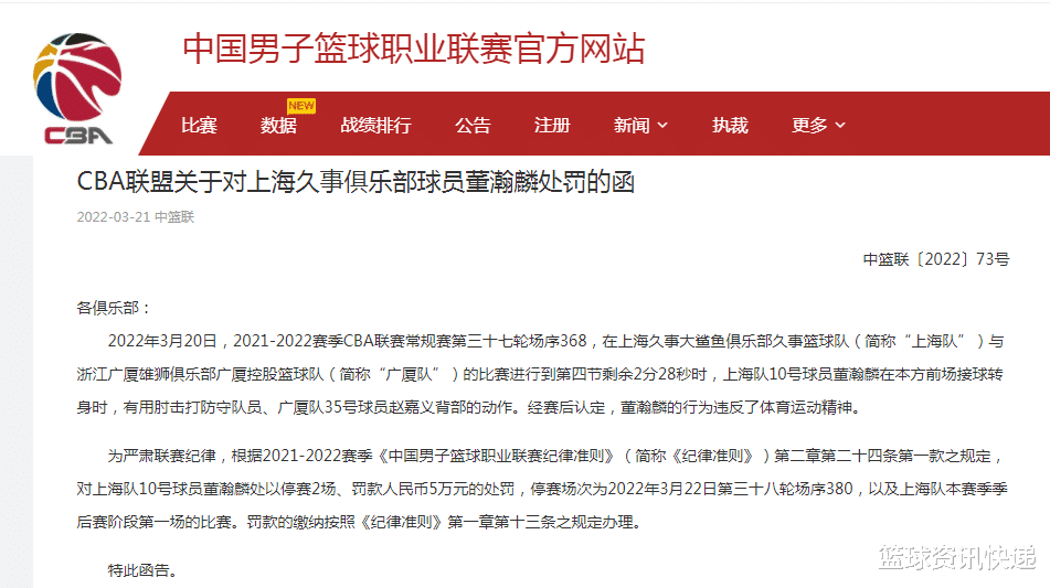 CBA|CBA官方开出罚单，董瀚麟违反体育运动精神，被停赛2场罚款5万元