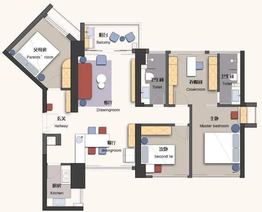 模数整装~国潮新家丨125㎡轻奢三居,大胆撞色+多功能套房