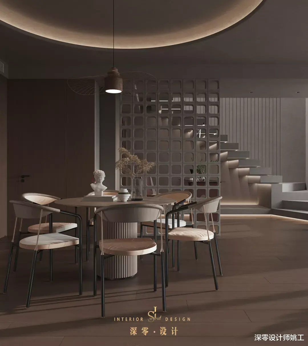 看这套190㎡侘寂风复式,木质地板+水泥灰,营造出优雅高级的环境