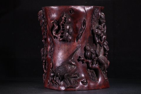 笔筒|【清 老沉香 松鹤延年 文房笔筒】