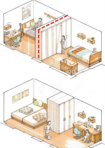 一间房2个孩子睡,2张床2张书桌,一道隔断,孩子各有独立空间