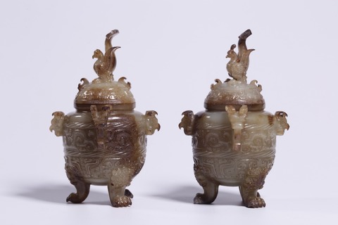 |战汉,和田玉带沁兽面纹盖炉一对