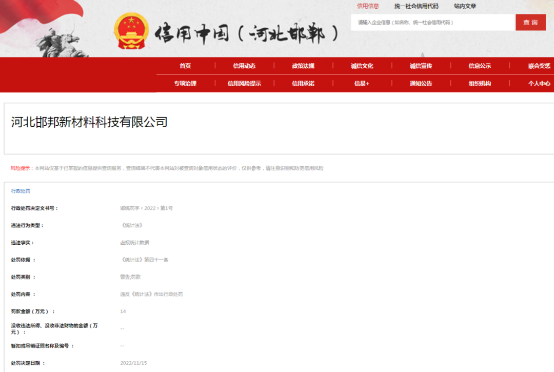 河北邯邦新材料科技因虚报统计数据被罚14万元