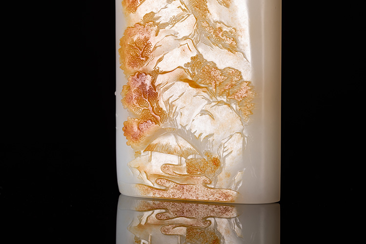 和田玉籽料|瞿利军《万山红遍》红皮白肉和田玉籽料艺术品欣赏 万山红遍 山水文人牌