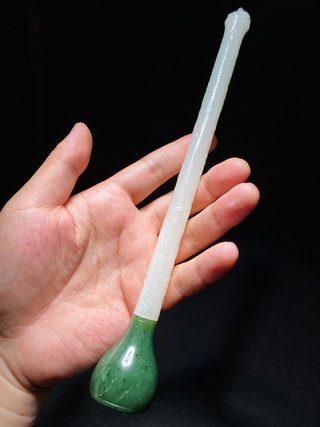 和田玉籽料|清乾隆 和田玉籽料 脂白玉 嵌碧玉 云龙纹毛笔 笔杆