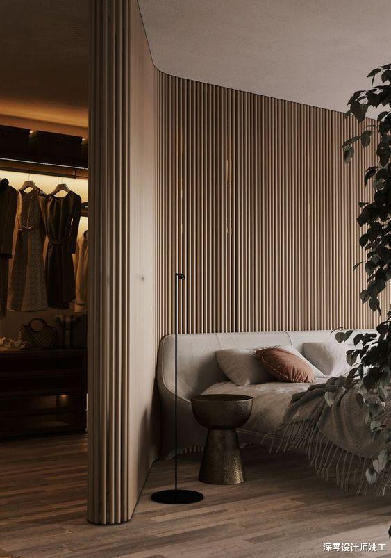 装修真没必要处处省钱,床头一侧弧形过渡,瞬间腾出一个衣帽间