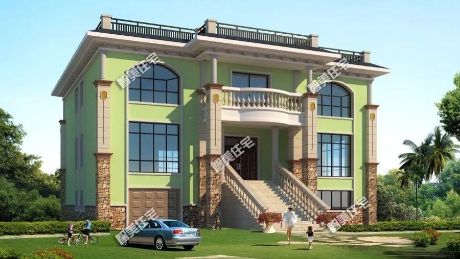 平顶设计带地下室的豪宅，入户门非常大气，我更爱它的旋转楼梯