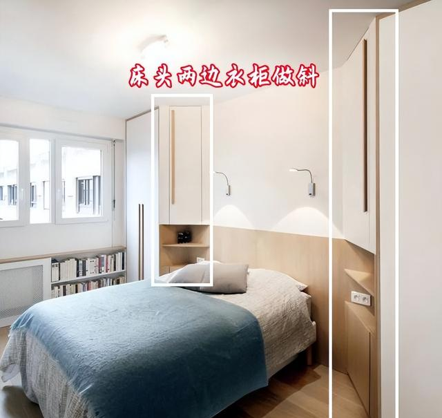 床头一左一右斜着装衣柜,初看一般般,时间久了,会发现确实好用