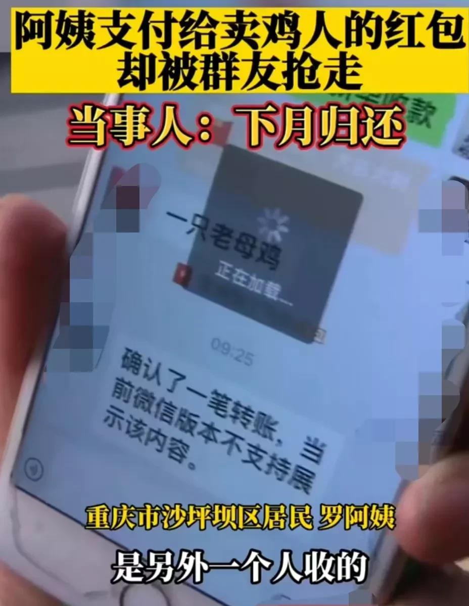 罗阿姨付给卖鸡人的红包,被群友抢走:讨要时,抢红包者称下月归还!
