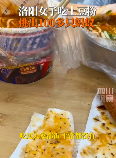 女子在小吃摊买土豆粉挑出大量蚂蚁:估计有上百只,钱不多没打算要赔偿