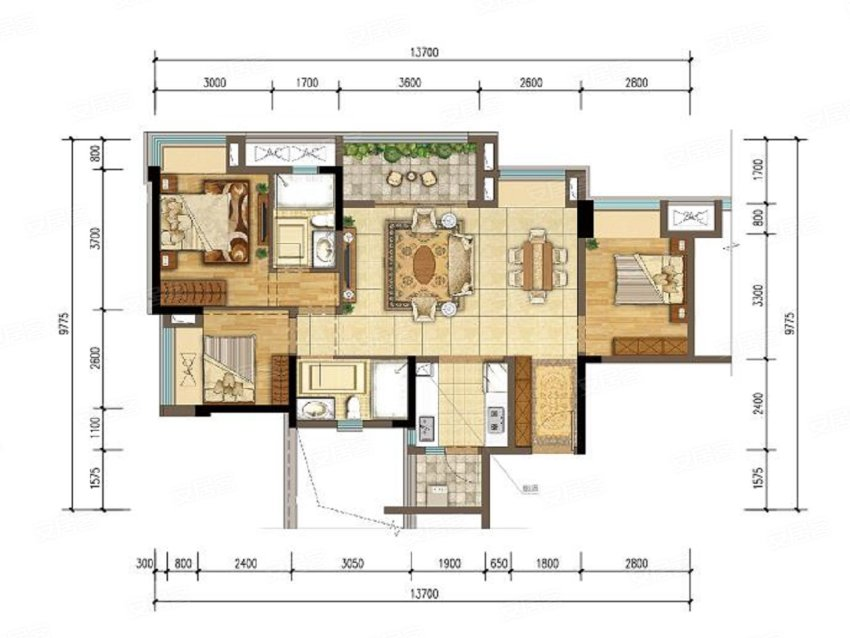99平现代风三居室,落地窗旁的餐厅可以夜晚可以看繁星点点