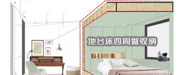 家有地台床,不如让木工多帮一手,四周装一圈储物柜,收纳不用愁