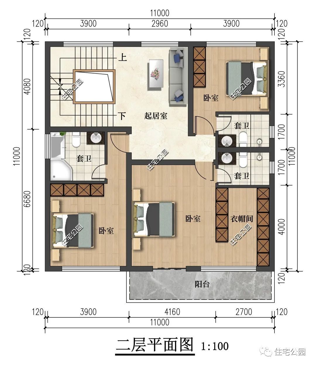 11×11米带架空层的三层现代别墅,全套卫设计还可做民宿