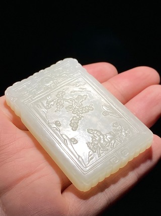 和田玉籽料|清中期 和田玉籽料 白玉 携琴访友 诗文牌 子冈牌