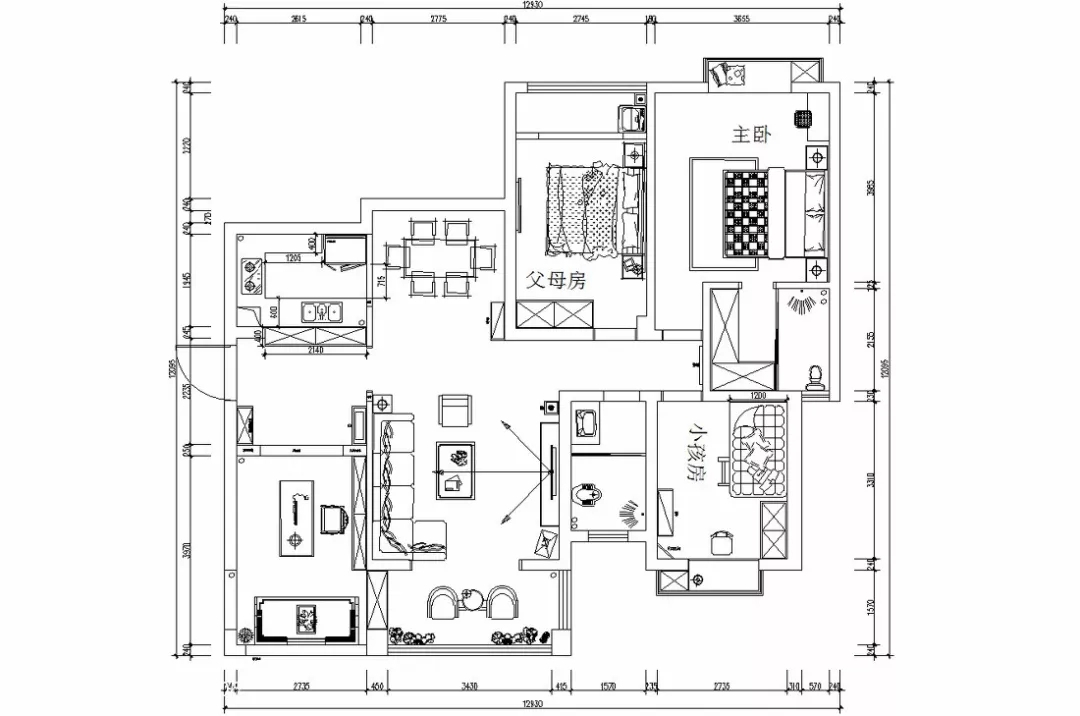 135平中式四居室,悬浮式极简的电视背景墙很时尚