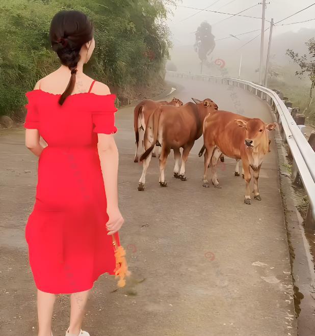 女子在农村放牛穿红裙子对牛跳舞，网友：不怕被牛撞，高手在民间