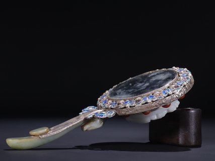 翡翠|旧藏【银烧蓝镶和田玉松石 翡翠龙钩把 手镜】