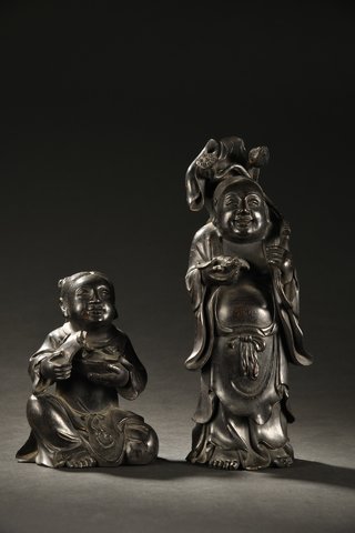 琥珀|回流 小叶紫檀雕“和合二仙”摆件一对