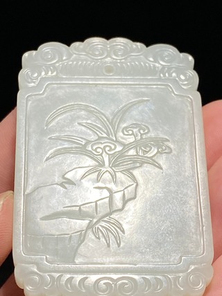 和田玉籽料|清 和田玉籽料 白玉 吉祥如意 灵芝纹 玉牌 挂件