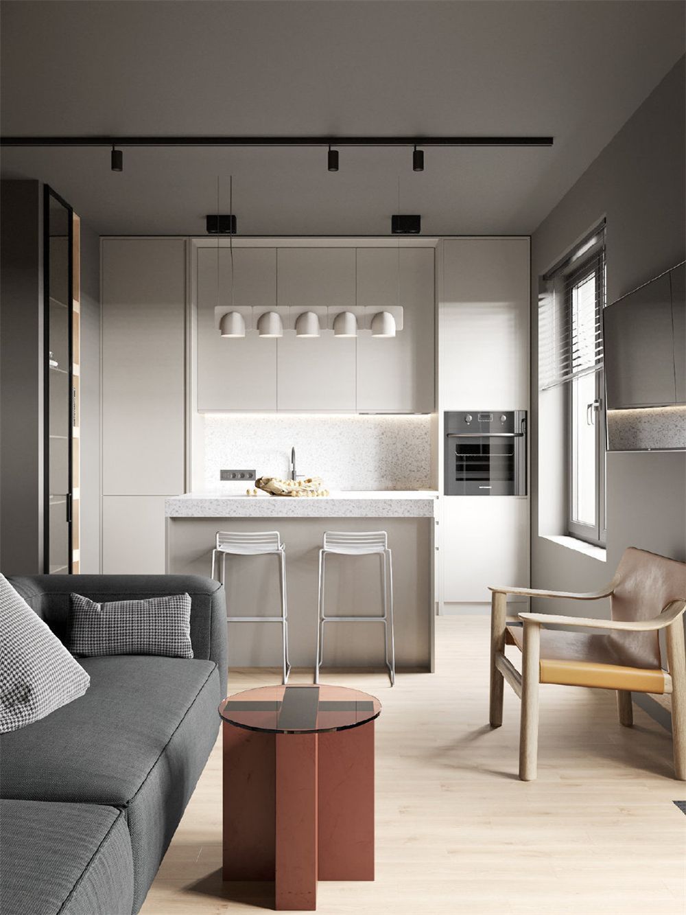 一套38㎡独居公寓:深色调设计却不压抑,开放式设计宽敞明亮