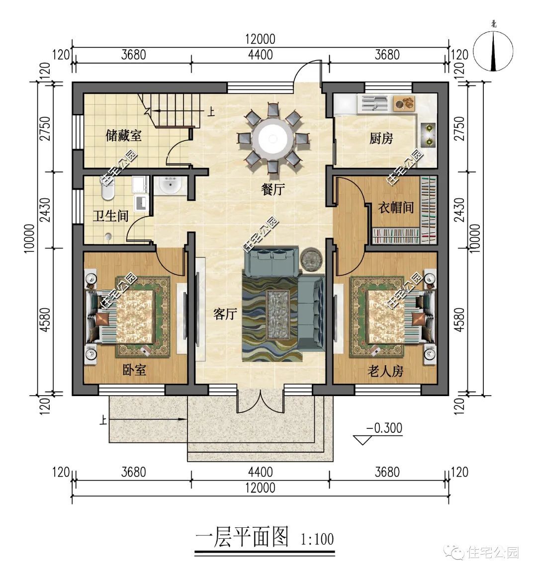 12×10米东墙无窗的二层小别墅,卧室均朝南设计